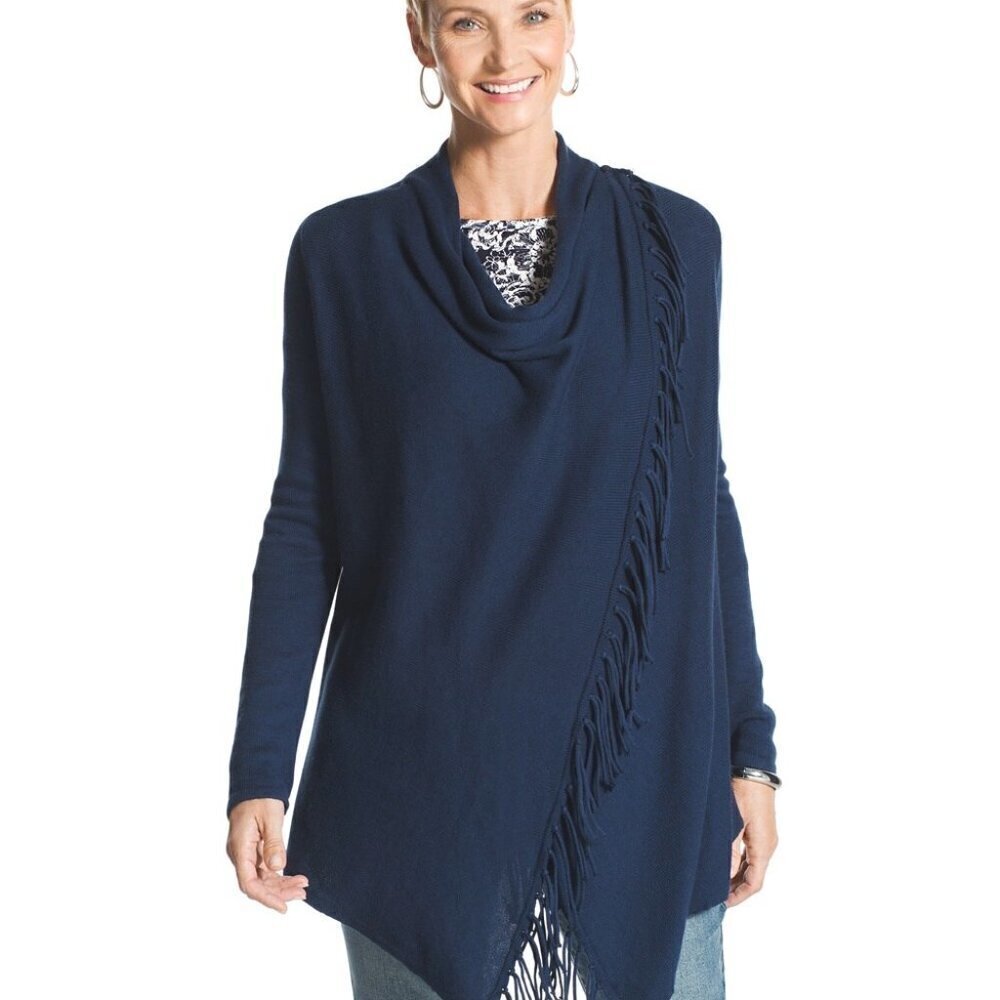 Chico's Navy Blue Fringe Wrap Cardigan Sweater Long Sleeves Chico's Size 0